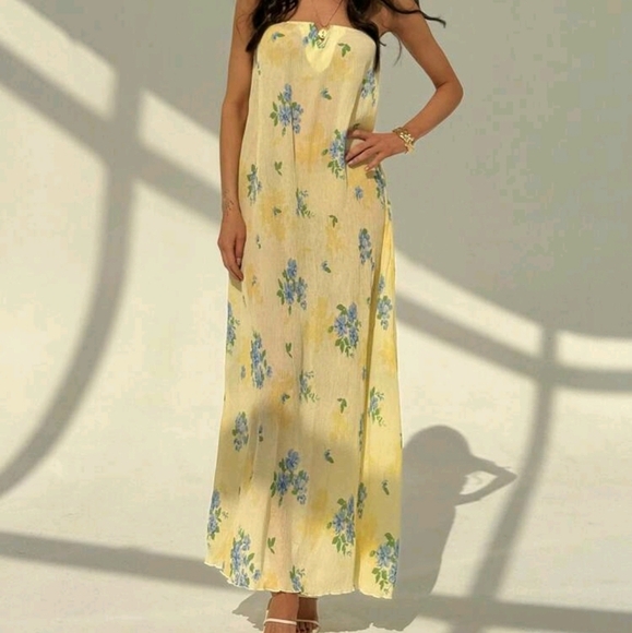 New Strapless Pleated Wrinkle Beach Vacation Sexy Slimming Artistic Print Dress - Picture 6 of 7